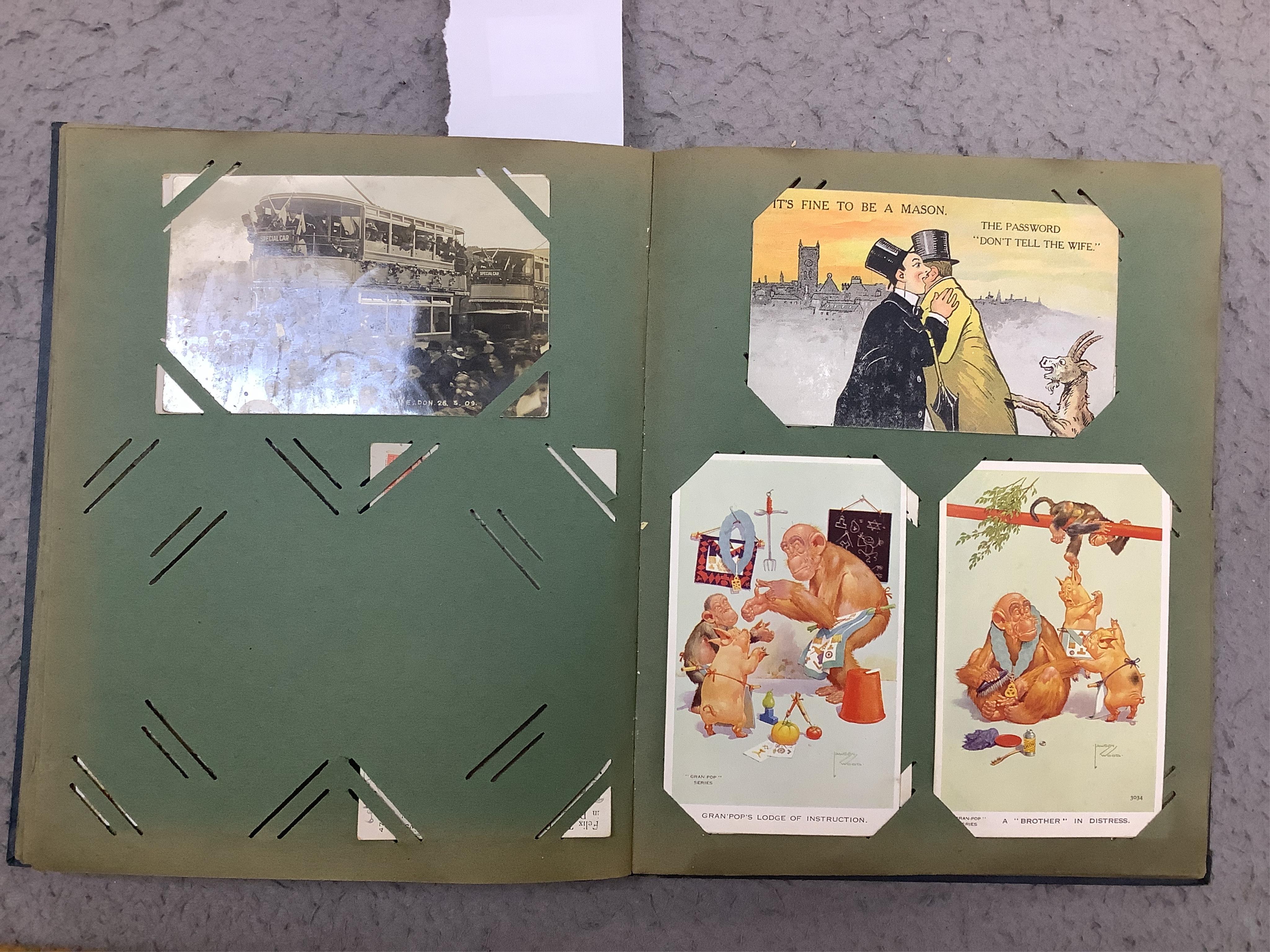 An early 20th century album of eighty four postcards; good selection including mechanical, silks, novelty, etc. Condition - variable